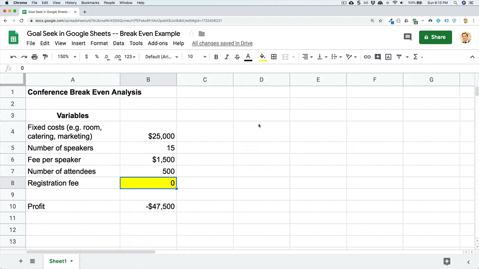 Goal Seek to determine break even cost