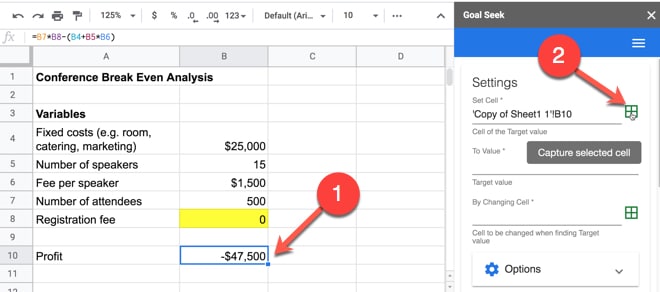 Select cells in Goal Seek for Sheets