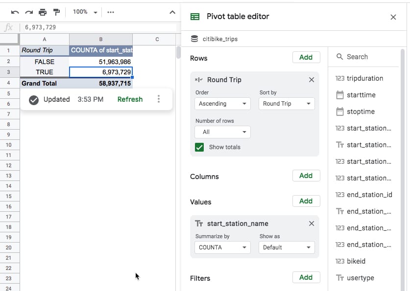 Connected Sheets Calculated Column in a Pivot Table