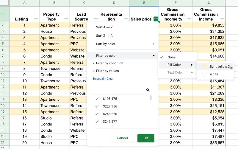 Google Sheets filter by color