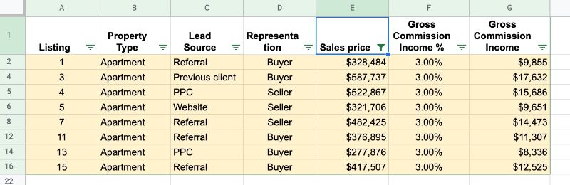 Data filtered by color in Google Sheets