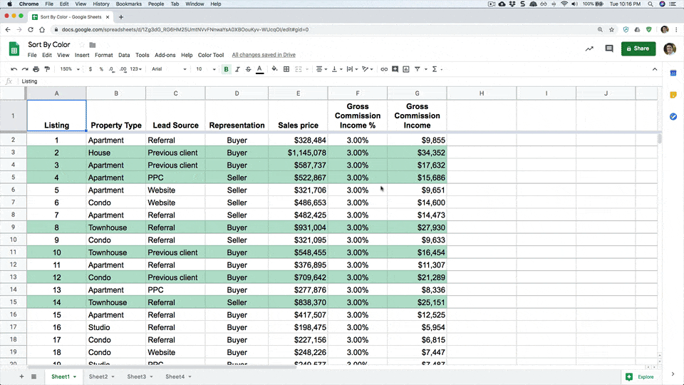 Google Sheets sort by color