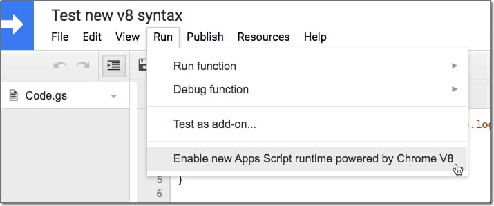 Enable V8 runtime in Apps Script