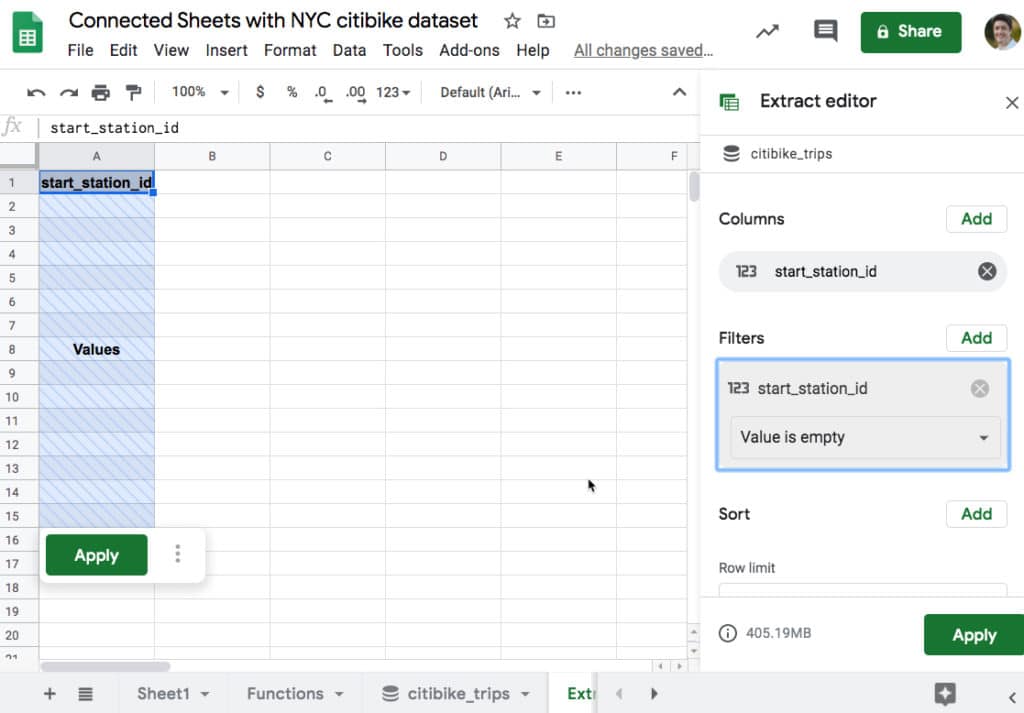 Connected Sheets Table Extract