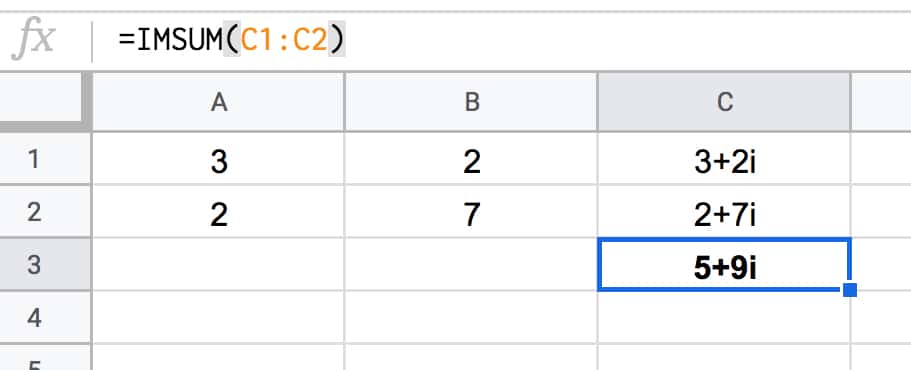 Adding complex numbers in Google Sheets