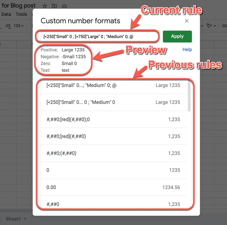 Google Sheets Custom Number Format Editor