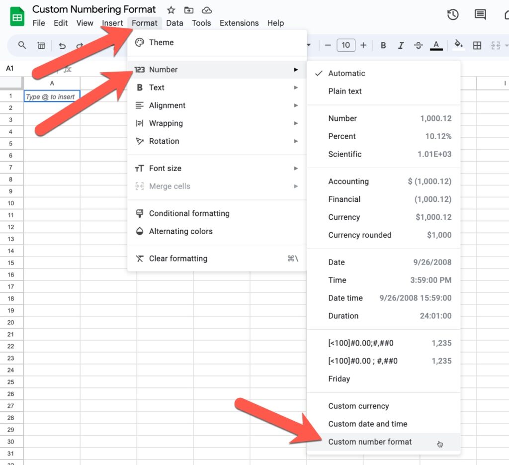 Custom Number Format Menu