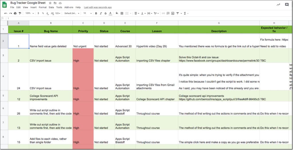 Google Sheet bug tracker