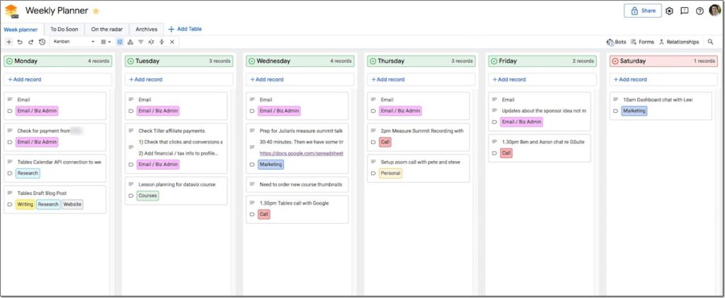 Google Tables Weekly Planner