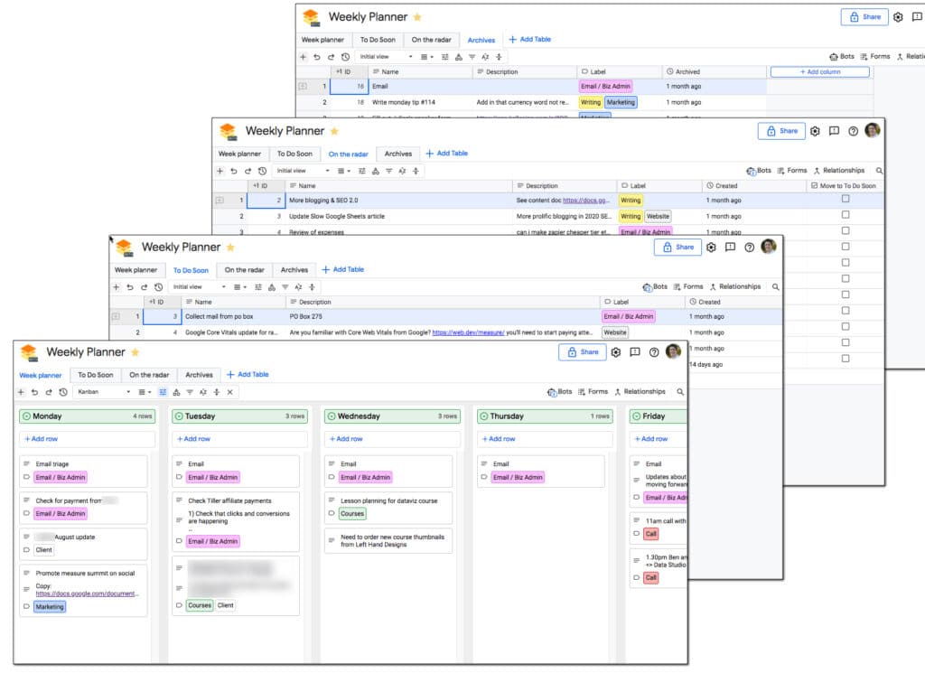 Weekly Planner workspace with 4 tables