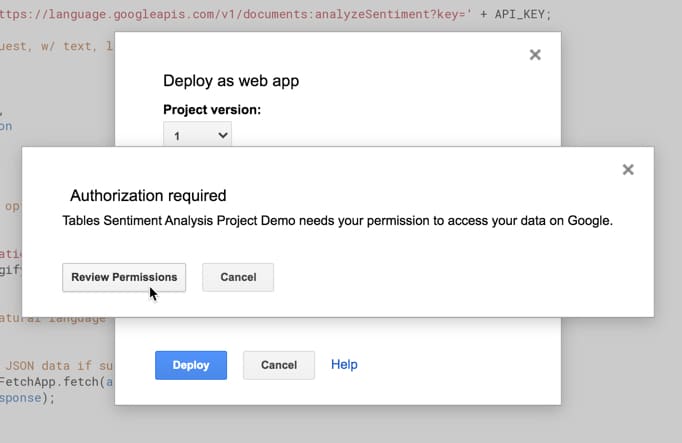 Google Tables Sentiment Analyzer authorization