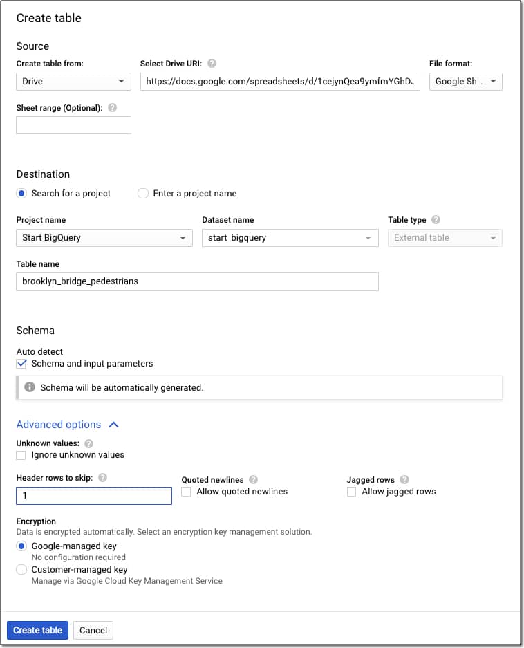 Google BigQuery create table