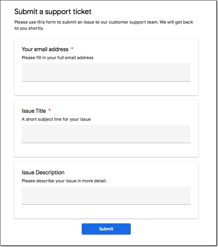 Google Tables Support Tracker Form