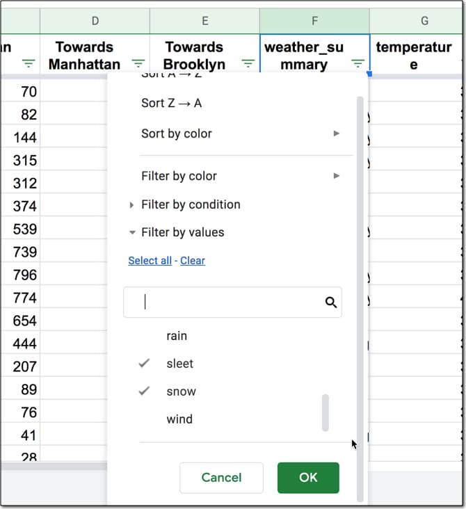 Google Sheets filter