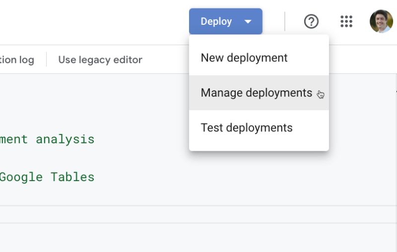 Deployment Menu Apps Script IDE