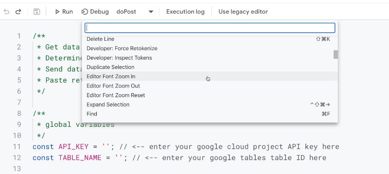 Apps Script IDE command Palette