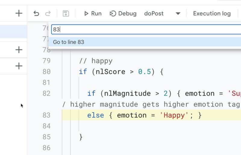 Google Apps Script IDE go To Line