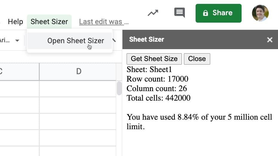 Apps Script to measure Sheet Size