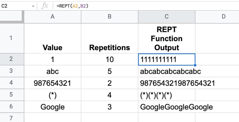 Rept formula examples in Google Sheets