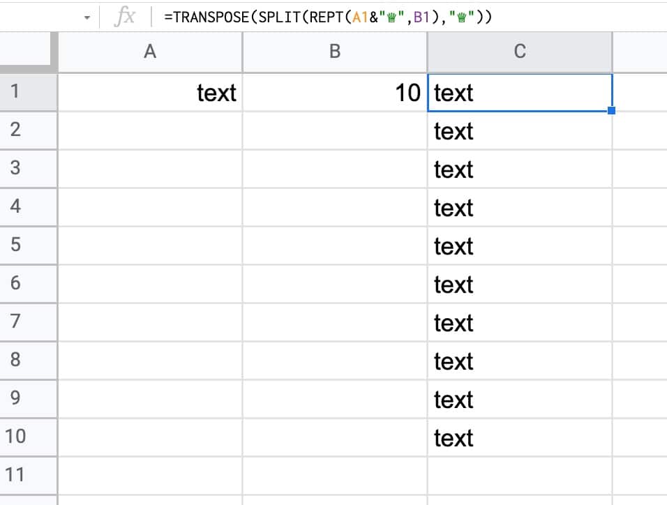 REPT formula to output values in separate cell