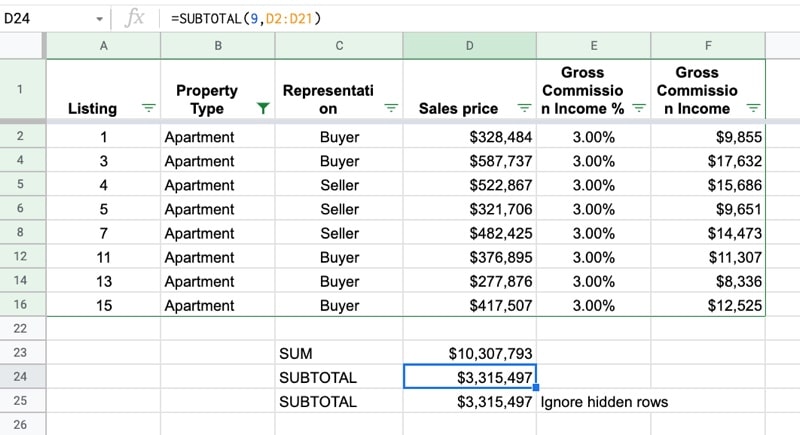 SUBTOTAL function in Google Sheets