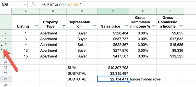 SUBTOTAL function in Google Sheets with hidden rows