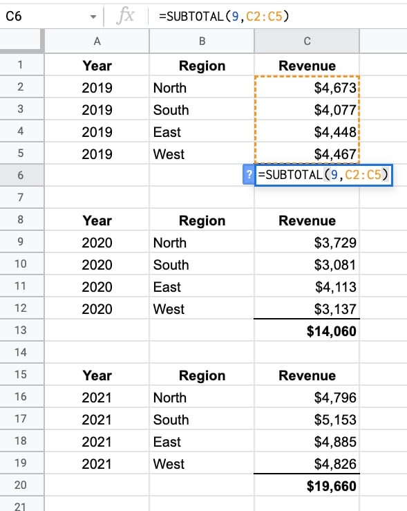 Subtotal formula in Google Sheets