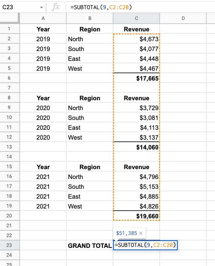 Subtotal formula in Google Sheets