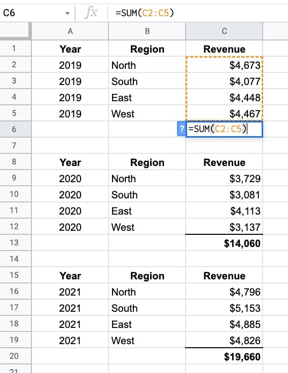 Tables with subtotal in Google Sheets