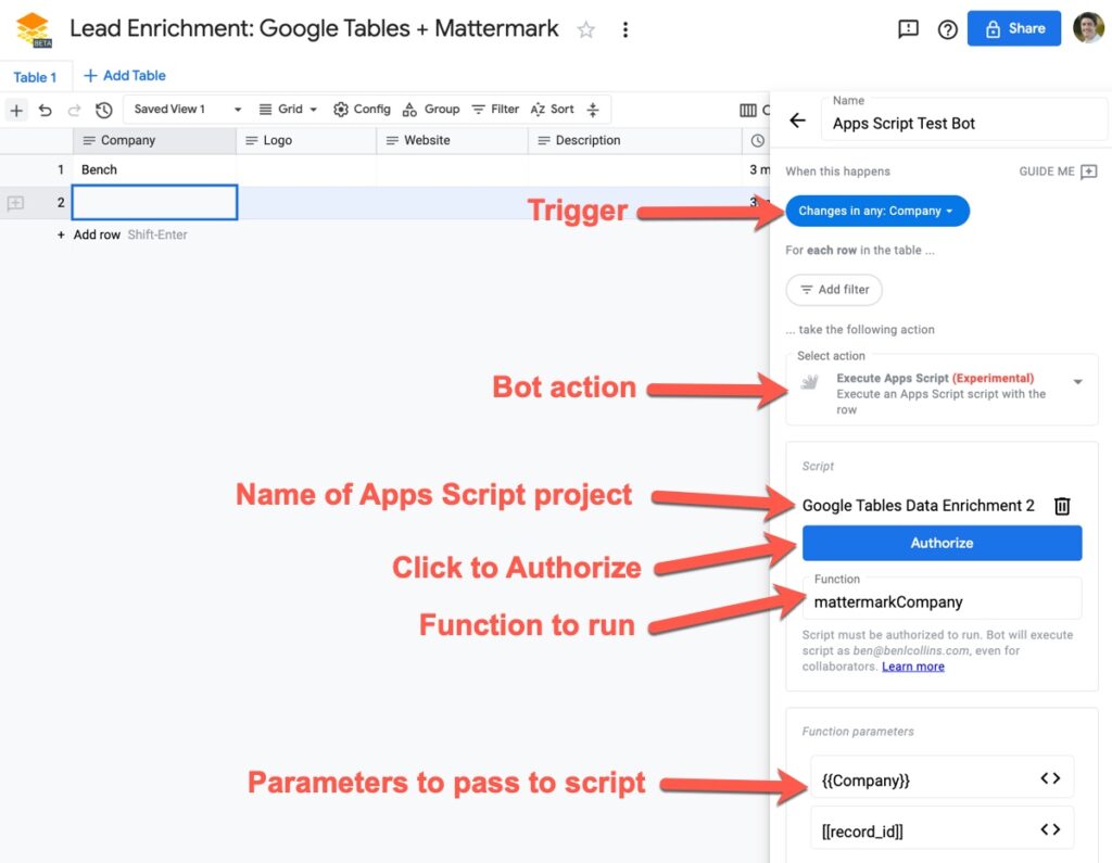 Google Tables Apps Script Bot Setup