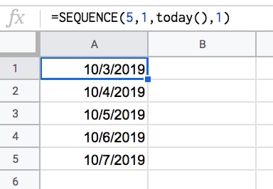 =SEQUENCE(5,1,TODAY(),1)