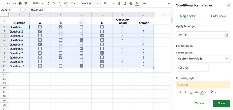 Conditional Formatting with Radio Buttons in Google Sheets