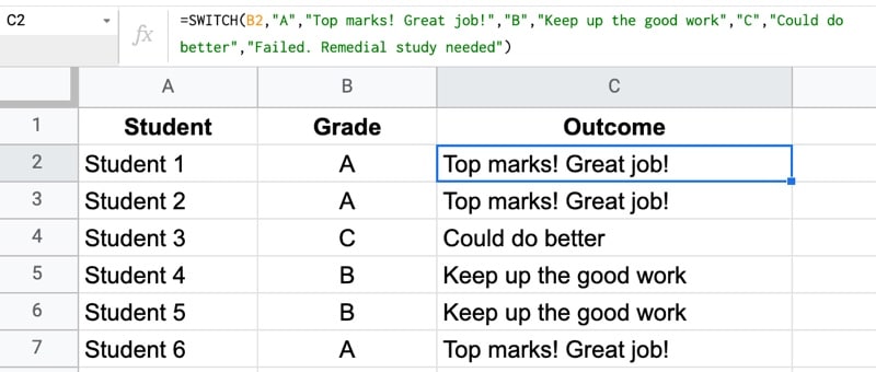 Switch Function in Google Sheets