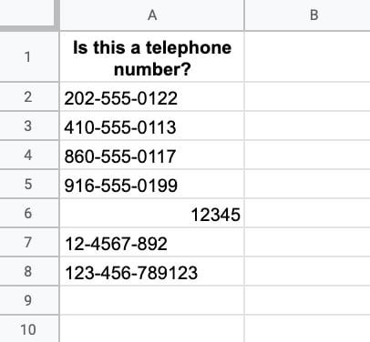 REGEXMATCH telephone numbers Google Sheets