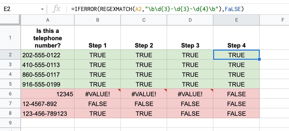 REGEXMATCH telephone numbers Google Sheets