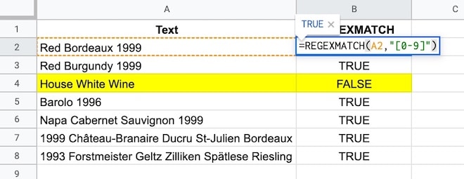 Google Sheets REGEXMATCH example