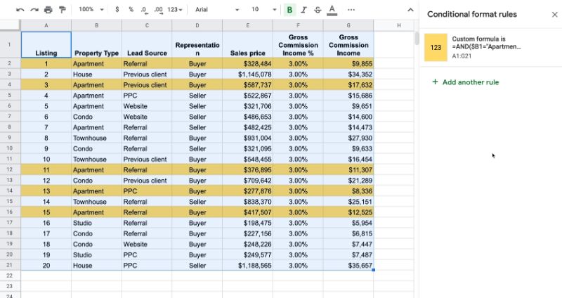 Conditional Formatting And Rule in Google Sheets