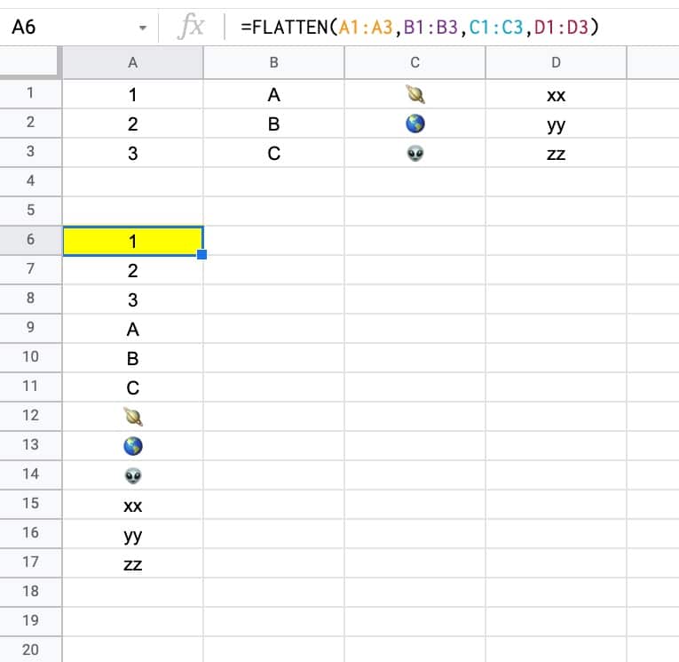 Flatten Function in Google Sheets