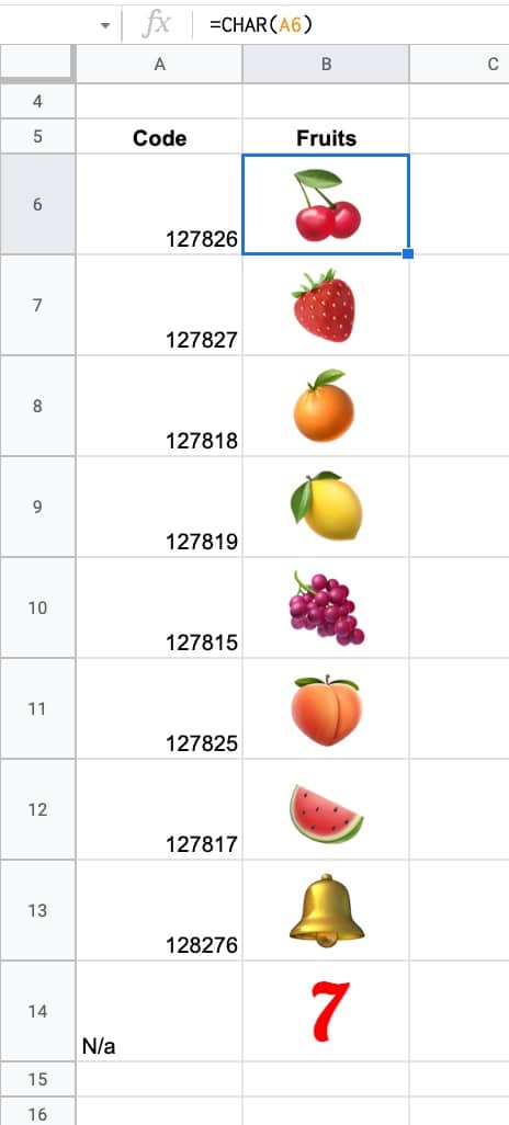 Fruits Array in Google Sheets