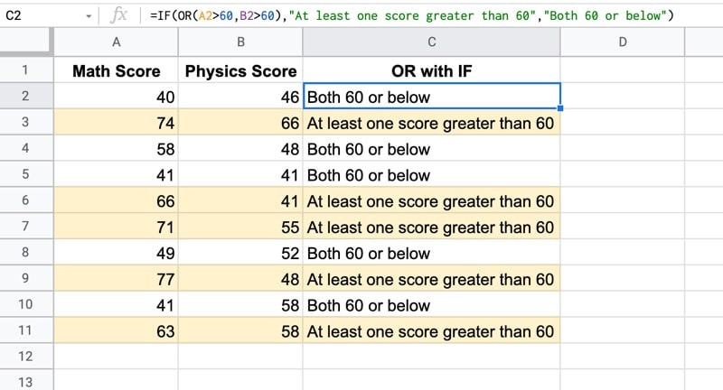 Or and IF Formula in Google Sheets