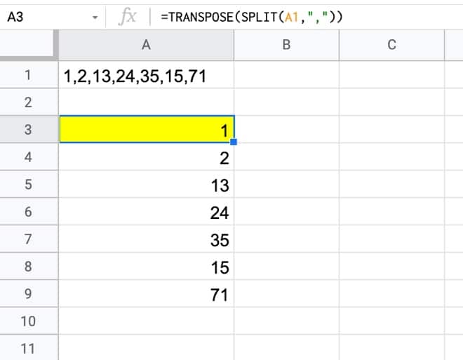 Transpose Function with Split Function Google Sheets