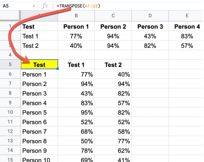 Transpose Function in Google Sheets