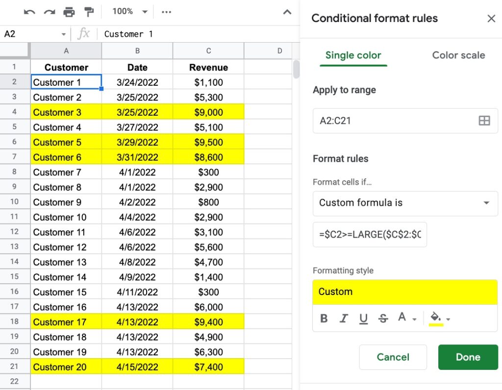 conditional Formatting to highlight top 5 values in Google Sheets