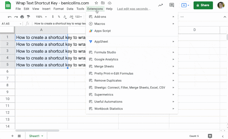 Create Wrap Text Shortcut Key In Google Sheets