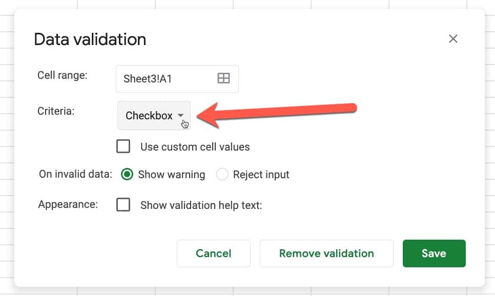 Data Validation Checkbox