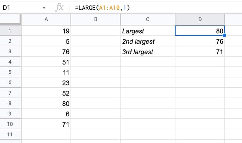 LARGE Function Example In Google Sheets