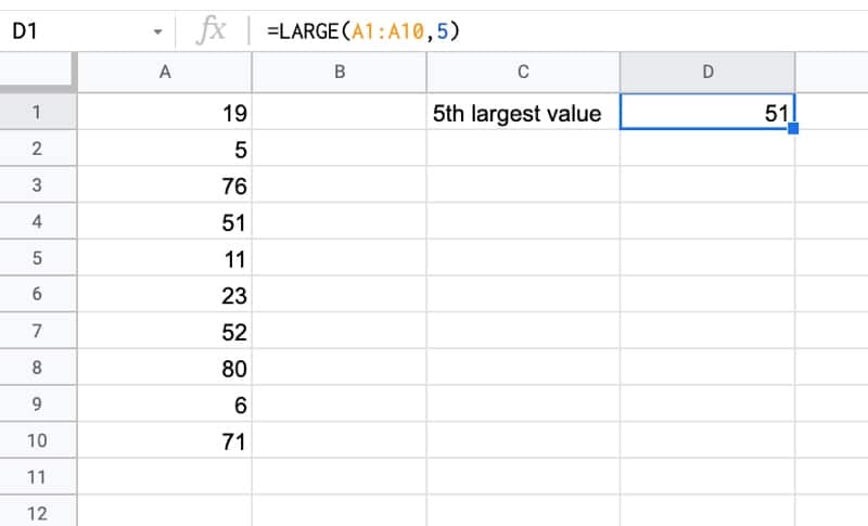 LARGE Function In Google Sheets