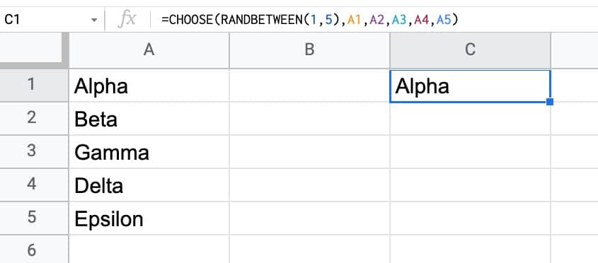 Randbetween And Choose Function in Google Sheets