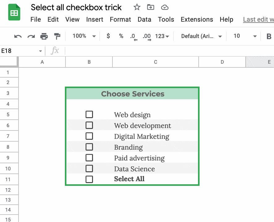 select All Checkbox in Google Sheets