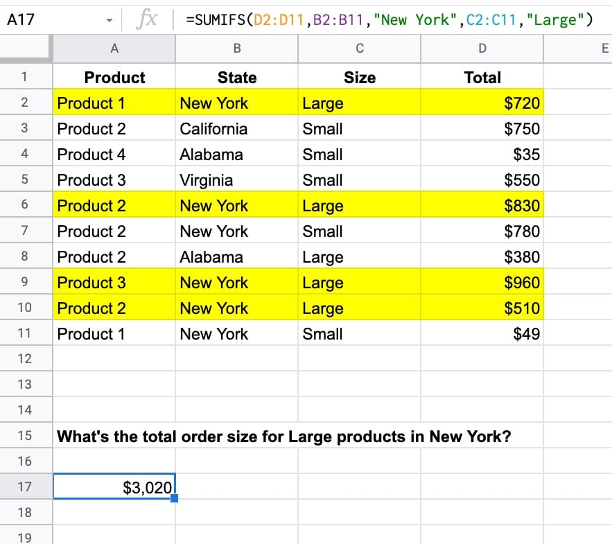 Simple SUMIFS Google Sheets function